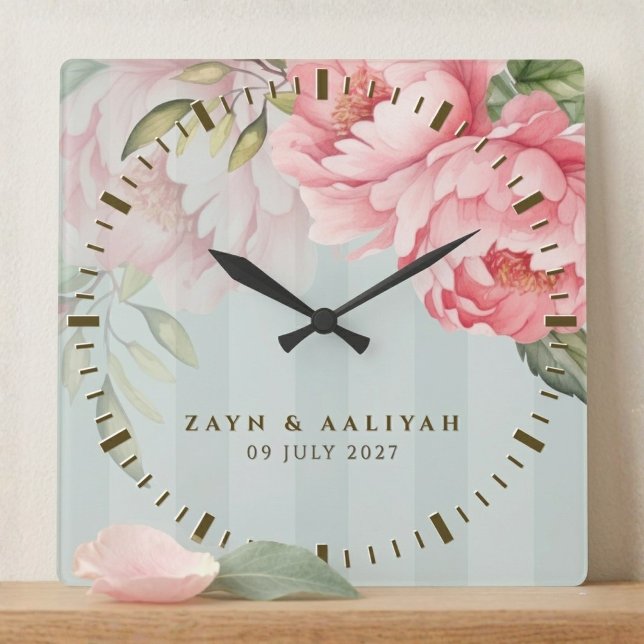 Blush Peony | Sage Green Gold Elegant Gift Square Wall Clock (Creator Uploaded)