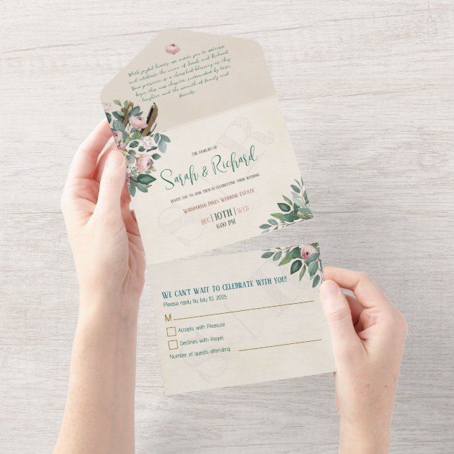 Blush Peony & Sage Spring Garden Wedding All In One Invitation (Tearaway)