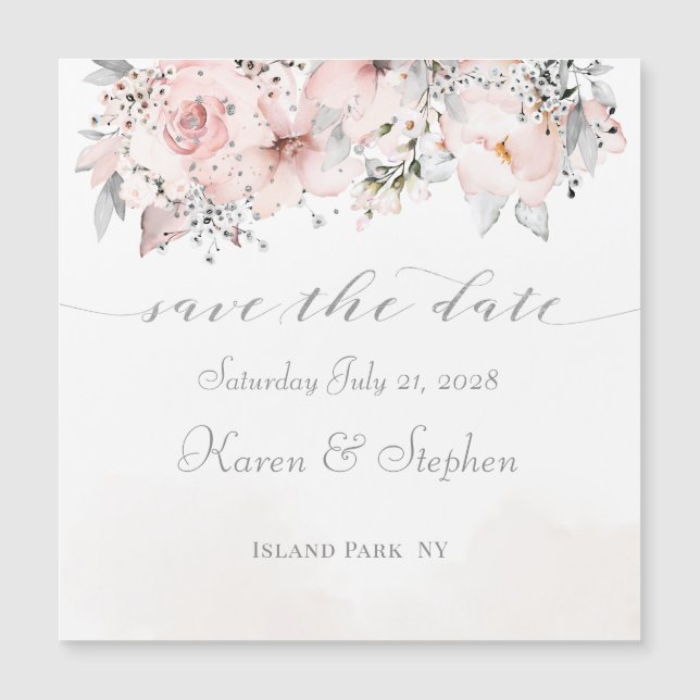Blush Peony Silver Eucalyptus Wedding Save The Dat Magnetic Invitation (Front)