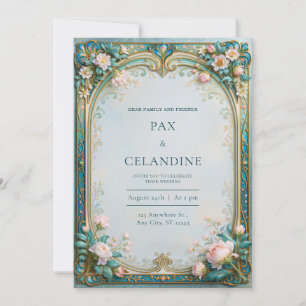Blush Peony Teal Filigree Wedding Invitation