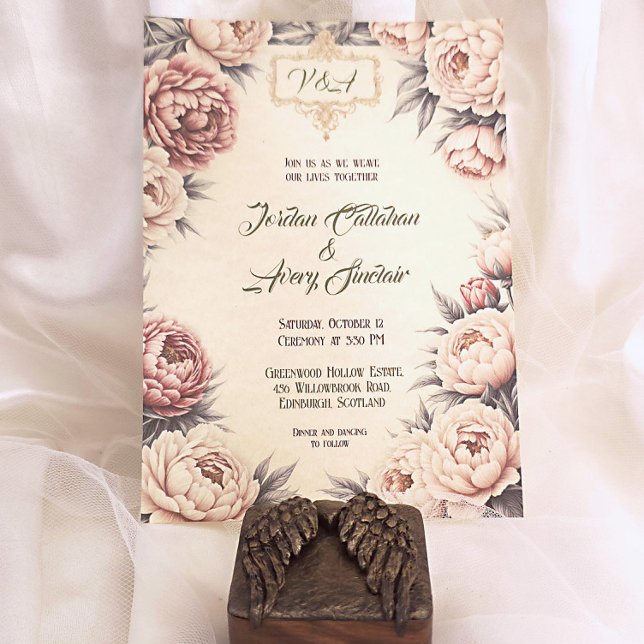 Blush Peony Vintage Floral Wedding Invitation (Creator Uploaded)