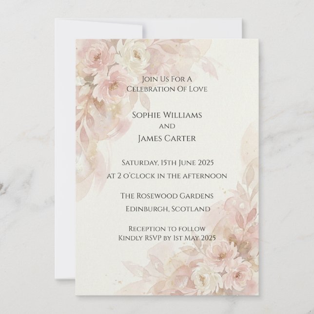 Blush Peony Watercolor Wedding Invitation (Front)