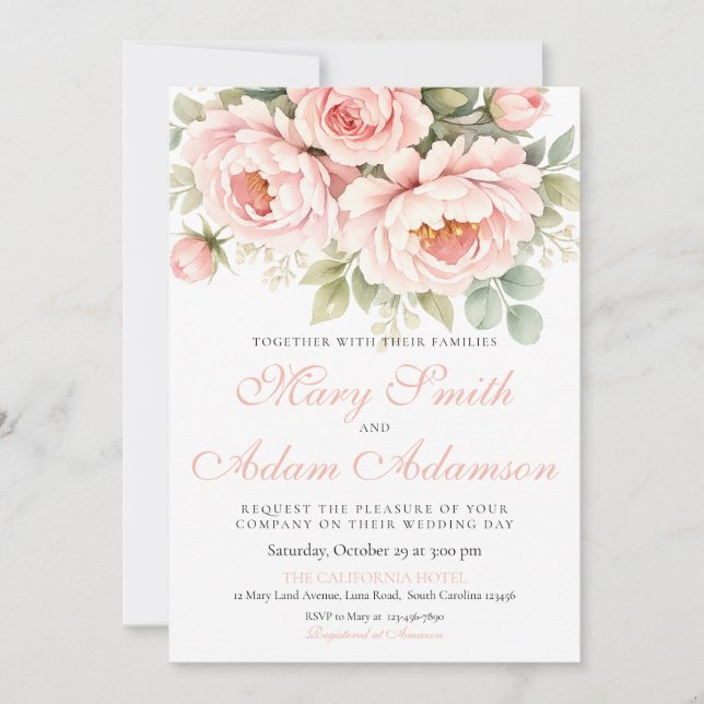 Blush Peony Watercolor Wedding Invitation (Front)
