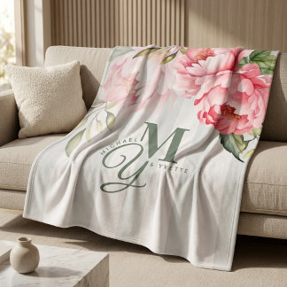 Blush Peony Wedding Gift | Elegant Couple Monogram Fleece Blanket