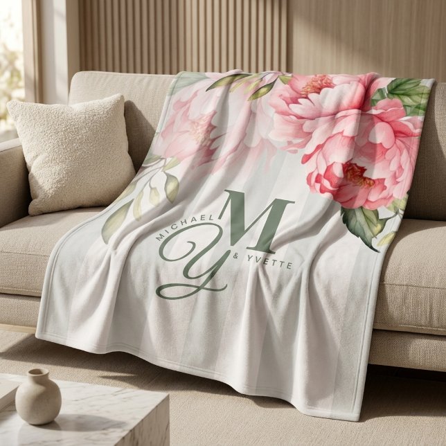 Blush Peony Wedding Gift | Elegant Couple Monogram Fleece Blanket (Creator Uploaded)