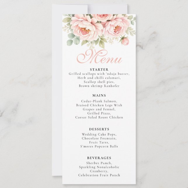 Blush Peony Wedding Menu Card (Front)