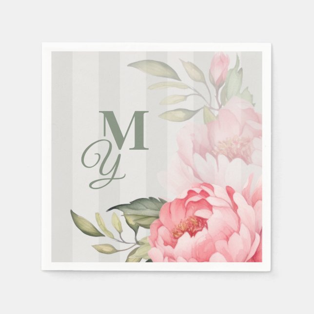 Blush Peony Wedding Monogram | Chic Floral Paper Napkin (Front)