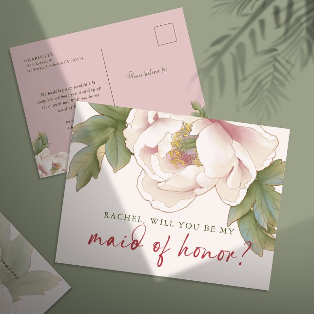 Blush Peony Will You Be My Maid of Honour Proposal Postcard (Creator Uploaded)