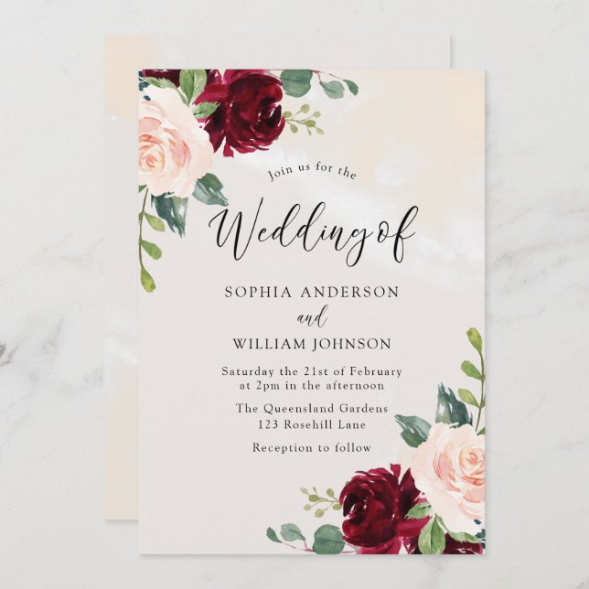 Blush Perfection: Watercolor Marble Floral Wedding Invitation (Front/Back)