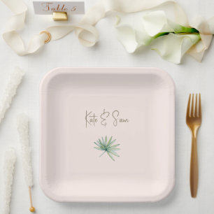 Blush Personalised Names Tropical Wedding  Paper Plate