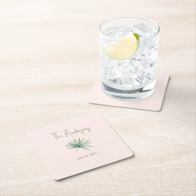 Blush Personalised Tropical Wedding  Square Paper Coaster (Insitu)