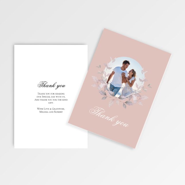 Blush Photo Wedding Thank You Wreath Script Card (Blush pink wedding thank you card with photo wreath and elegant script typography)