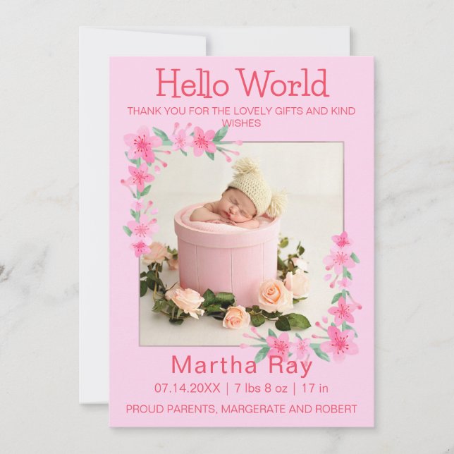 Blush Photo Welcoming Newborn Baby Girl Birth Stat Holiday Card (Front)