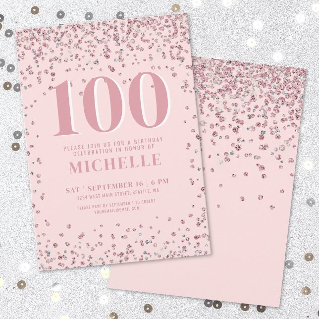 Blush Pink 100th Birthday Invitation (Blush Pink 100th Birthday Invitation)