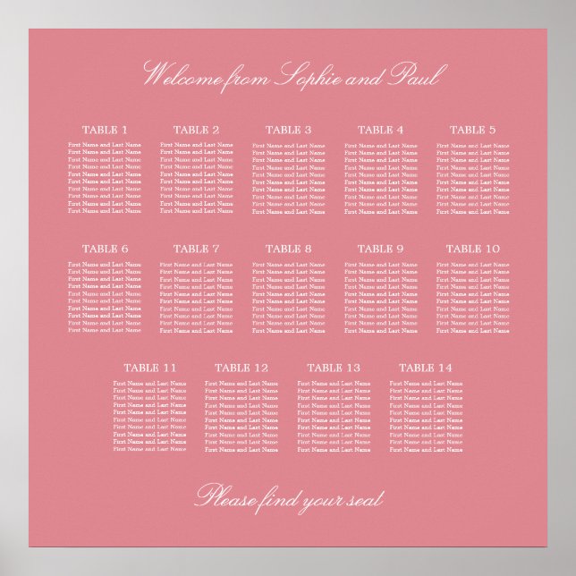 Blush Pink 14 Table Wedding Seating Chart Poster (Front)