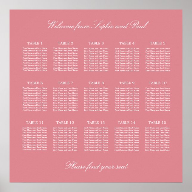 Blush Pink 15 Table Wedding Seating Chart Poster (Front)