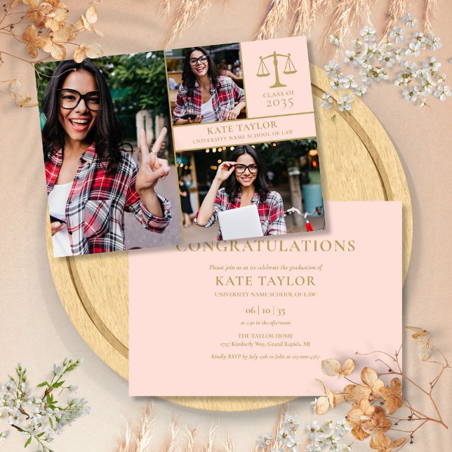 Blush Pink 3 Photo Law School Graduation Party Invitation (Blush Pink 3 Photo Law School Graduation Party Invitation)
