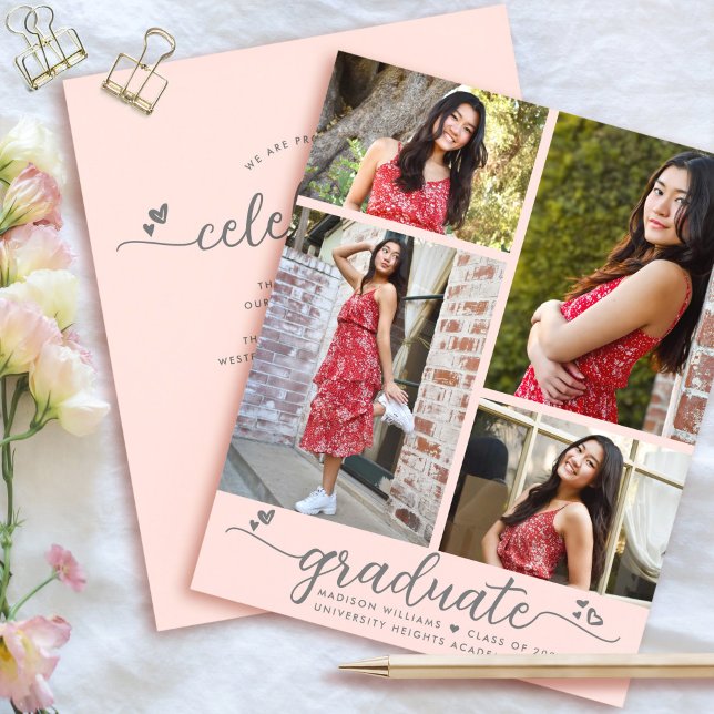 Blush Pink 4 Photo Budget Graduation Script Invite (Creator Uploaded)