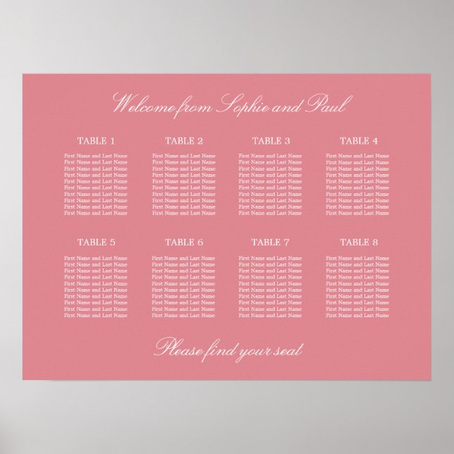 Blush Pink 8 Table Wedding Seating Chart Poster (Front)