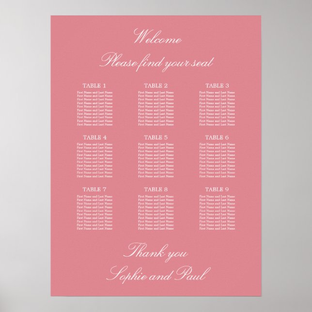 Blush Pink 9 Table Wedding Seating Chart Poster (Front)