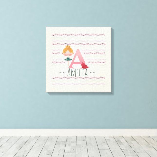 Blush Pink “A” Monogram Ballerina Art  Canvas Print (Insitu(Wood Floor))