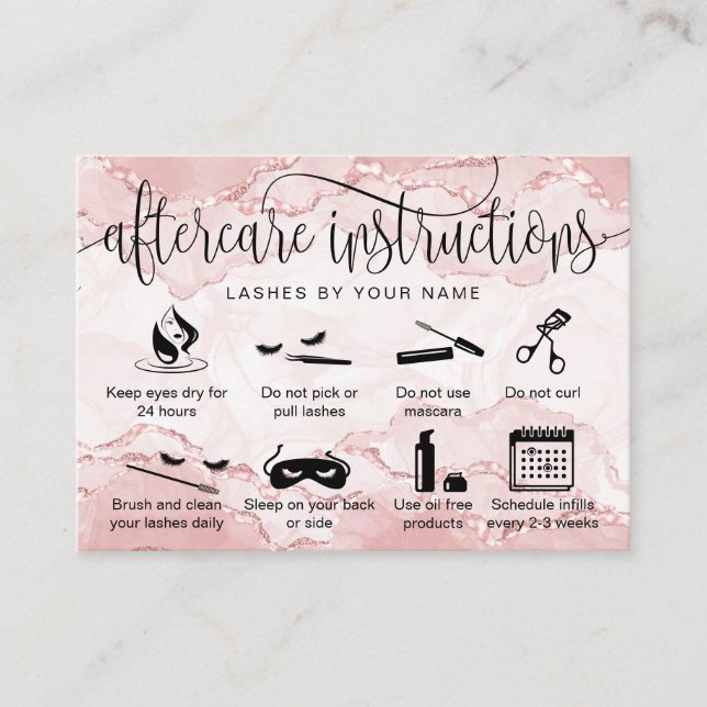 Blush Pink aftercare card eyelash extensions icons (Front)