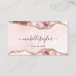 Blush Pink Agate Chic Modern Monogram Gold Business Card