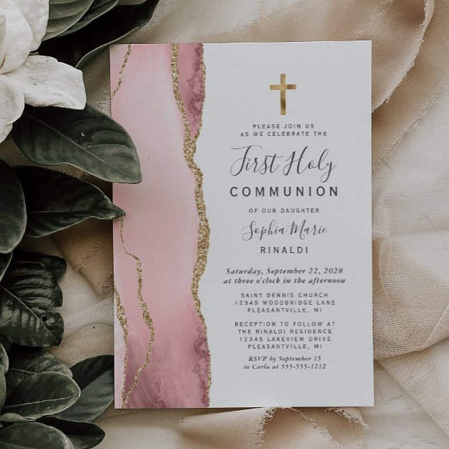 Blush Pink Agate Gold Glitter First Holy Communion Invitation (Creator Uploaded)