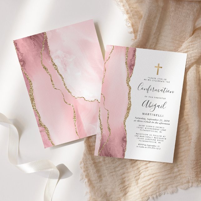  Blush Pink Agate Gold Glitter Girls Confirmation Invitation (Creator Uploaded)
