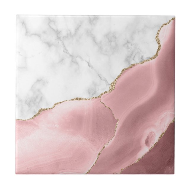 Blush Pink Agate Gold Glitter White Marble Tile (Front)