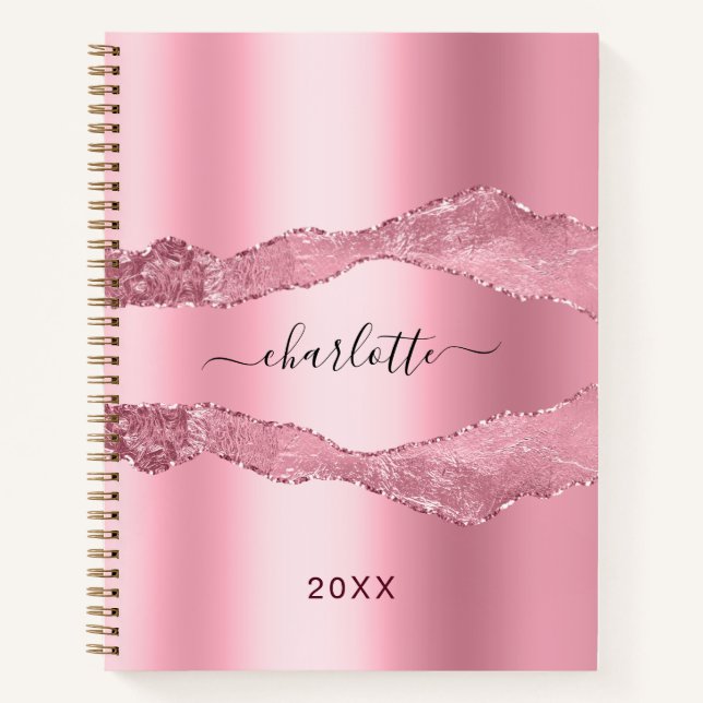 Blush pink agate marble name script notebook (Front)