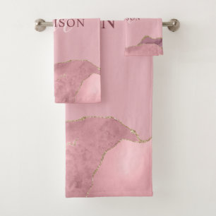 Blush Pink Agate Rose Gold Glitter Monogram Bath T Towel Set