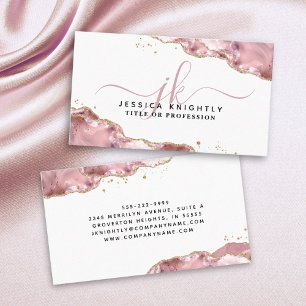 Blush Pink Agate Script Monogram Gold Glitter Business Card