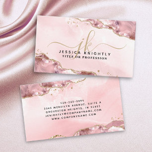 Blush Pink Agate Script Monogram Gold Glitter Business Card