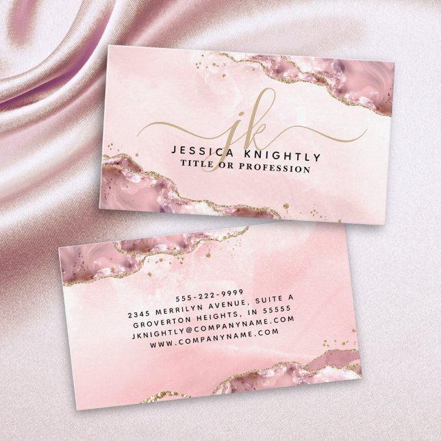 Blush Pink Agate Script Monogram Gold Glitter Business Card (Creator Uploaded)