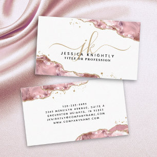 Blush Pink Agate Script Monogram Gold Glitter Business Card