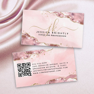 Blush Pink Agate Script Monogram Gold Glitter QR Business Card