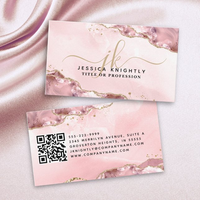 Blush Pink Agate Script Monogram Gold Glitter QR Business Card (Creator Uploaded)
