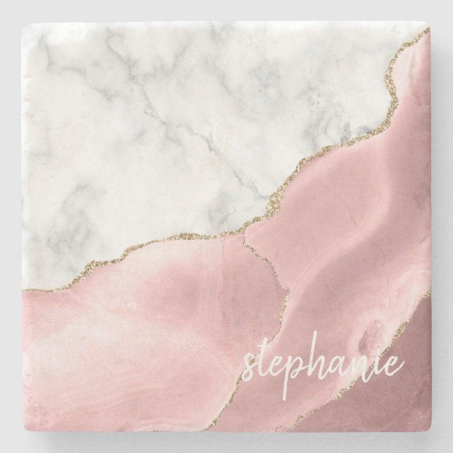 Blush Pink Agate Signature White Marble Gold Stone Coaster (Front)