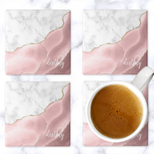 Blush Pink Agate Signature White Marble Gold Stone Coaster