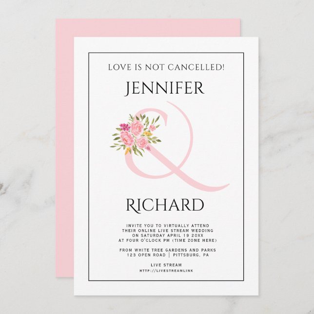 Blush pink ampersand, pink rose virtual wedding invitation (Front/Back)