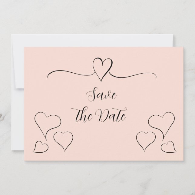Blush Pink and Black Fancy Calligraphy Hearts  Save The Date (Front)