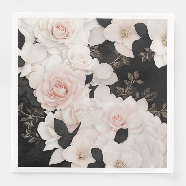 Blush pink and black floral napkin (Front)