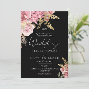 Blush Pink and Black  Gold Modern Floral Wedding Invitation