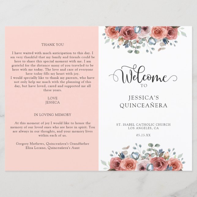 Blush Pink and Blue Floral Quinceanera Program (Front)