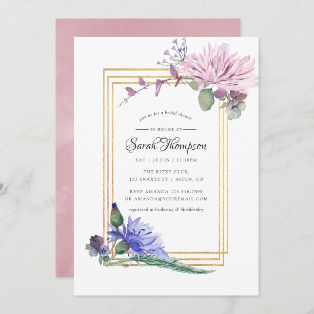 Blush Pink and Blue Geometric Floral Bridal Shower Invitation (Front/Back)