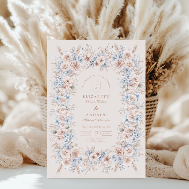 Blush Pink and Blue Watercolor Floral Wedding Invitation (Creator Uploaded)