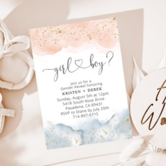 Blush Pink and Blue Watercolor Gender Reveal Invitation