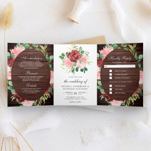 Blush Pink and Burgundy Floral Barn Wood Wedding Tri-Fold Invitation
