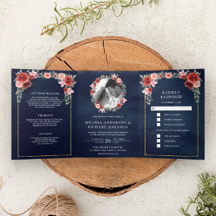  Blush Pink and Burgundy Floral Navy Blue Wedding Tri-Fold Invitation